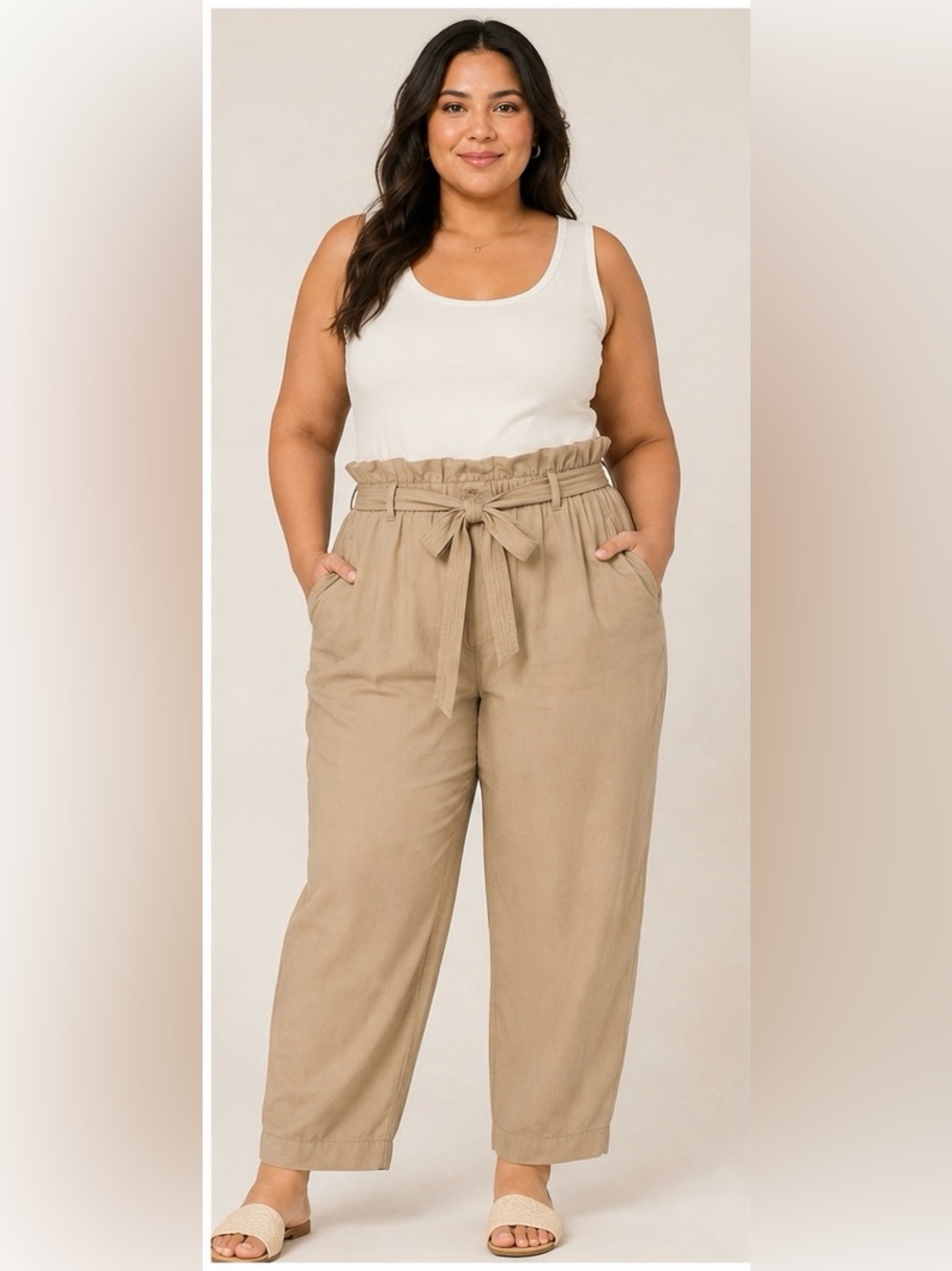 Industry 3X Beige Tencel Lyocell Paperbag Waist Belted Pants